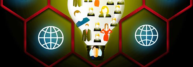Graphic showing business people and digital network