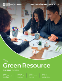 Cover for the January/February 2025 Edition of the Green Resource newsletter featuring an image of a couple learning about green financing.